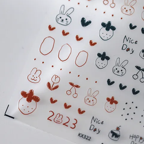 Süßer Cartoon Hase Erdbeere Nagelkunst Aufkleber KX-322 Handgezeichnete Tulpe Herz Muster Selbstklebende Nagelsticker Deko