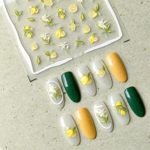3D Embossed Nail Stickers Fresh Lemon Flower Leaf Self Adhesive Matte Nail Art Decals For Women Girls Summer Decoration