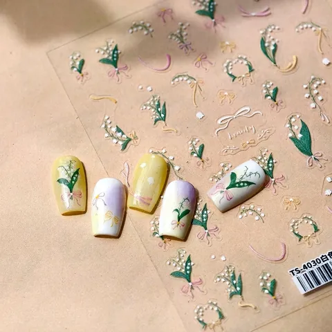 Pegatinas de Uñas Relieve 3D Lirio De Los Valles Glicina Patrón De Flores Fresco Estilo Chino Autoadhesivas Calcomanías De Manicura Para Mujeres Niños