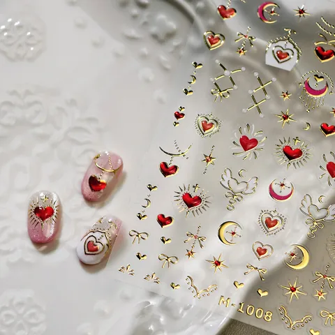 Adesivi per Unghie 3D Bronzatura Cuore Stella Luna Decalcomanie Autoadesive Stile Dolce Decorazione per Donna Ragazze