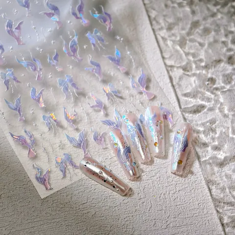 Holographic Laser Butterfly Nail Art Stickers Aurora Fish Tail Bow Self Adhesive Nail Decals For DIY Decoration Women Kids