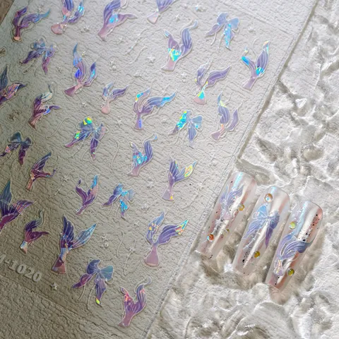 Holographic Laser Butterfly Nail Art Stickers Aurora Fish Tail Bow Self Adhesive Nail Decals For DIY Decoration Women Kids