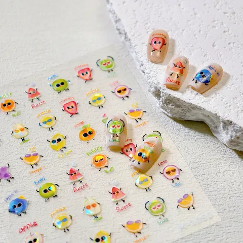 Holografische Laser Cartoon Fruit Nagelkunst Stickers Gepersonifieerde Fruitpatronen Glasfragment Effect 3D Look DIY Manicure Decals Voor Kinderen Algemeen Gebruik