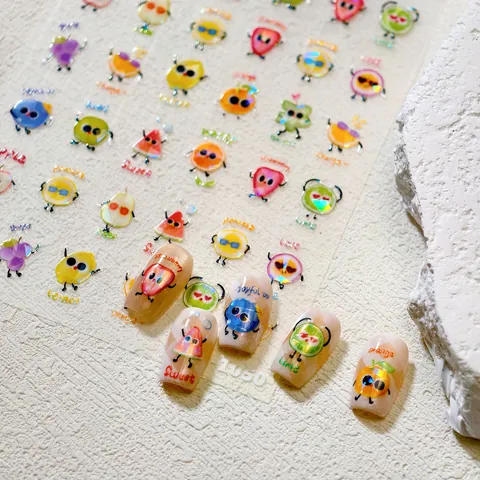 Holografische Laser Cartoon Fruit Nagelkunst Stickers Gepersonifieerde Fruitpatronen Glasfragment Effect 3D Look DIY Manicure Decals Voor Kinderen Algemeen Gebruik