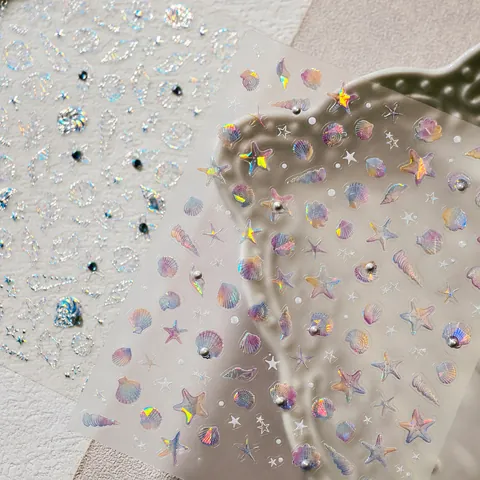 Pegatinas para Uñas en Relieve 3D Tema Oceánico Estrella de Mar Concha Holográfica Pegatinas para Uñas Con Perlas Artificiales de Imitación Decoración DIY