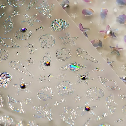 Pegatinas para Uñas en Relieve 3D Tema Oceánico Estrella de Mar Concha Holográfica Pegatinas para Uñas Con Perlas Artificiales de Imitación Decoración DIY