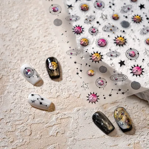 Adesivi Unghie 3D Rilievo Galassia Cielo Stellato Universo Pianeti Costellazioni Argento A Caldo Autoadesivi Manicure DIY