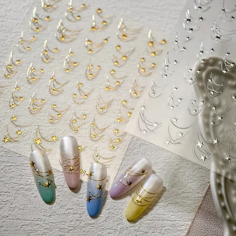 Nail Art Stickers Metallic Gold Silver Stars Moon Starry Sky Self Adhesive Decals DIY Decoration For Women