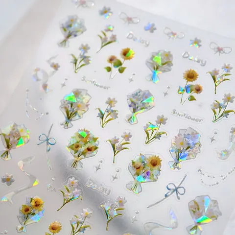 5D Embossed Laser Sunflower Daisy Nail Art Stickers Laser Holographic Flower Bow Adhesive Decals For Women DIY Manicure Decor