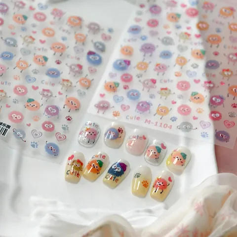 5D Embossed Cute Cartoon Monster Furry Ball Nail Art Stickers For Kids Women Self Adhesive 3D Nail Decals Colorful Heart Paw Print Manicure Decoration