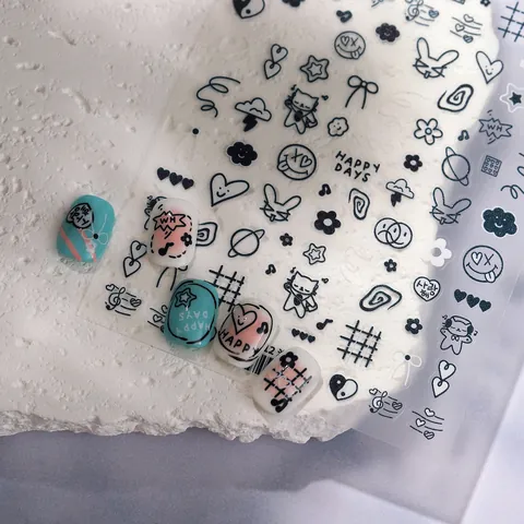 Autocollants à Ongles Style Coréen Dessin Animé 3D Mignon Animal Cœur Étoile Ligne Design DIY Manucure Décoration Femmes Beauté
