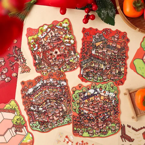 Chinese Lunar New Year 3D Scene Stickers PET DIY Scrapbooking Decorative Cartoon Traditional Cultural Art