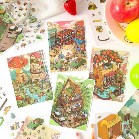 Pegatinas de Escena en Miniatura de Dibujos Animados DIY Scrapbook Vintage Dibujado a Mano PET Impermeable para Agendas