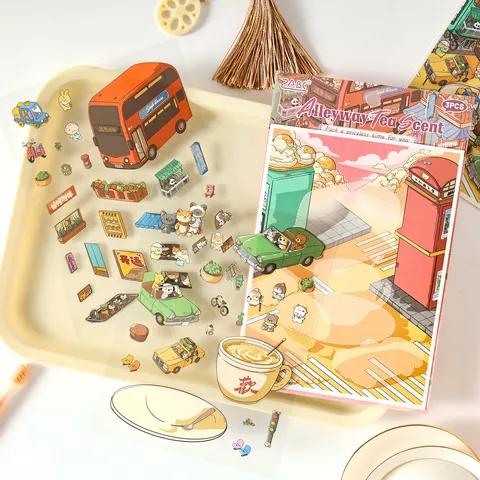 Pegatinas de Escena en Miniatura de Dibujos Animados DIY Scrapbook Vintage Dibujado a Mano PET Impermeable para Agendas