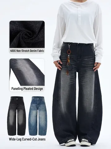 Herren Lockere Denim Jeans Gebogene Silhouette 400G Schwere Baumwolle Streetwear Baggy Wide Leg Hose Für Jugendliche Alltag Freizeit