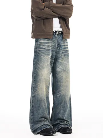 Jeans da Uomo American Retro Lavati Distressed Baffi Larghi Dritti Pantaloni in Denim Vintage Streetwear per Uomo Giovani