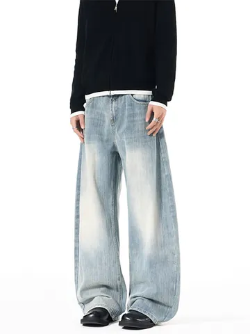 Herren Streetwear Washed Slub Heavyweight Curved Leg Jeans Locker Cleanfit Retro Gerade Weites Bein Denim Hose Mit Gürtel