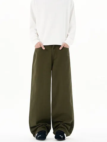 Pantaloni Casual da Uomo in 100% Cotone Lavato Vintage Gamba Dritta Vestibilità Larga Minimalista Tinta Unita Streetwear