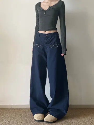 Pantaloni Casual Uomo Donna American Retro Borchie Stella Larghi Gamba Dritta 100% Cotone Streetwear Cargo
