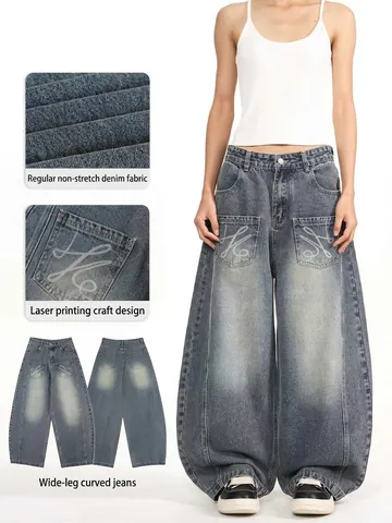 American Retro Wide Leg Jeans Loose Baggy Curved Blade Denim Pants Vintage Wash Streetwear Casual Multi Pocket Trousers