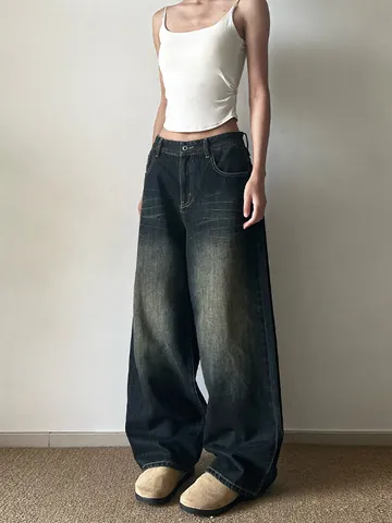 American Vintage Blue Black Jeans Men Women Streetwear Hand Painted Cat Whisker Loose Wide Leg Straight Denim Pants