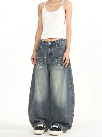 American Retro Wide Leg Jeans Loose Baggy Curved Blade Denim Pants Vintage Wash Streetwear Casual Multi Pocket Trousers