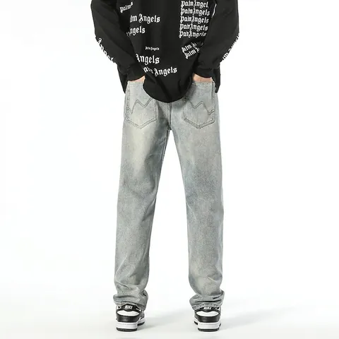 Otoño Vaqueros Cónicos para Hombre Estilo Retro Americano Lavado Distressed Pantalones de Mezclilla de Algodón Pierna Recta Azul