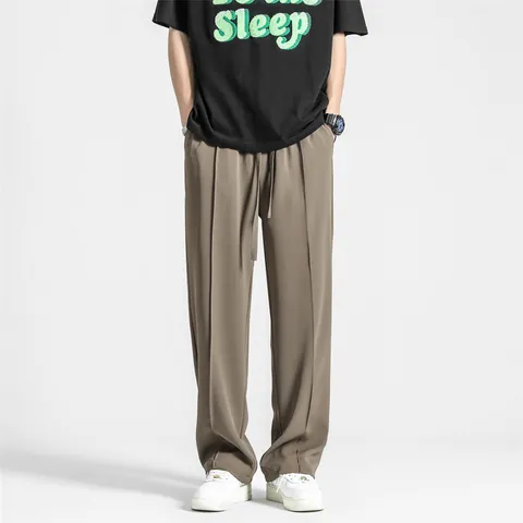 Men's Ice Silk Casual Wide Leg Pants Loose Fit Drawstring Elastic Waist Straight Trousers Solid Color Korean Style Streetwear