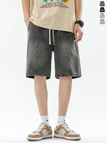 Men's American Retro Gradient Washed Denim Shorts Loose Streetwear Drawstring Casual Five-Point Denim Jeans Shorts For Summer