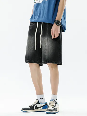 Men's American Retro Gradient Washed Denim Shorts Loose Streetwear Drawstring Casual Five-Point Denim Jeans Shorts For Summer