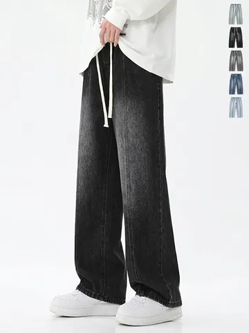Vaqueros de Mezclilla con Degradado Vintage Americano para Hombre Pantalones Largos Informales de Pierna Ancha Recta Holgada con Cordón en la Cintura Streetwear