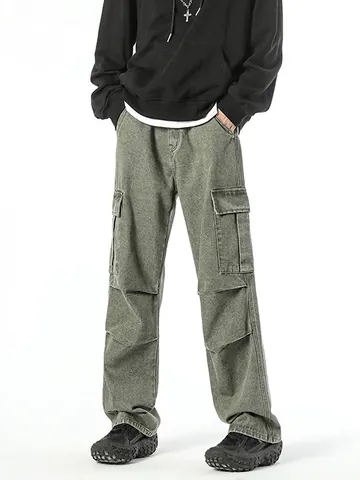 Herren Retro Japanische Lockere Weite Beine Multi-Taschen Cargo Jeans Baumwollmischung Gerade Arbeitshose Streetwear Trousers