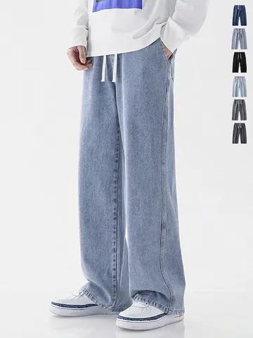 Heren American Vintage Rechte Pijpen Jeans Zomer Dun Trekkoord Losse Wijde Pijpen Denim Broek Casual Gewassen Retro Broek