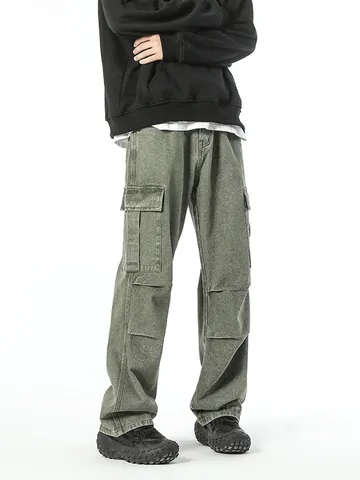 Men's Retro Japanese Loose Wide Leg Multi Pocket Cargo Jeans Cotton Blend Straight Work Pants Streetwear Trousers