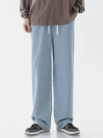 Heren American Vintage Rechte Pijpen Jeans Zomer Dun Trekkoord Losse Wijde Pijpen Denim Broek Casual Gewassen Retro Broek