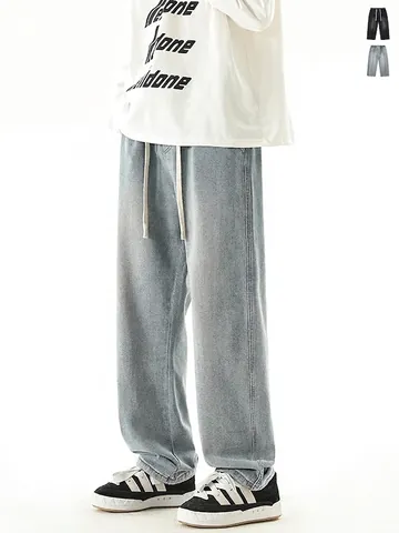 Herren Amerikanische High Street Vintage Locker Gerade Bein Jeans Elastischer Kordelzug Bund Verwaschen Weite Denim Hose