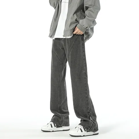 Heren American High Street Gewassen Rechte Jeans Vintage Katoenen Gesplitste Broek Met Metalen Zoomrits Streetwear