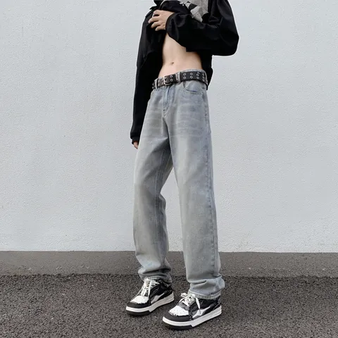 Pantalon Homme American Retro Streetwear Coupe Droite Jeans Bleu Vintage Lavé Denim Coton Cleanfit Casual Long