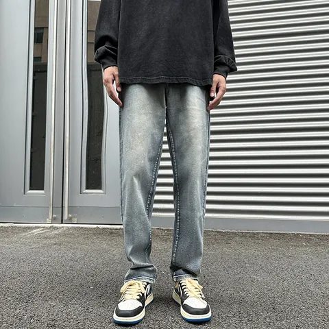 Jeans Homme Coupe Droite Rétro Américain Pantalon en Denim Mélange de Coton Délavé Vintage Streetwear Décontracté
