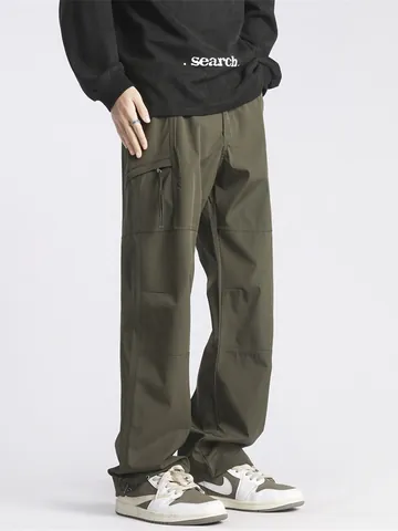 Men's American Techwear Cargo Pants Solid Color Loose Fit Straight Leg Multi Pocket Streetwear Outdoor Casual Trousers