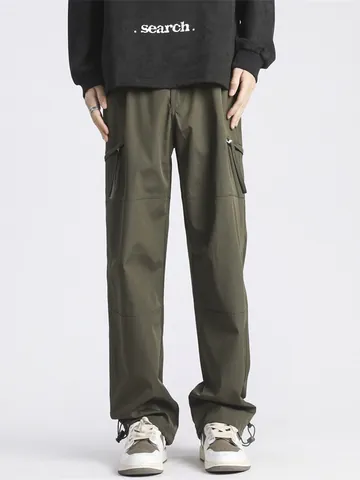 Men's American Techwear Cargo Pants Solid Color Loose Fit Straight Leg Multi Pocket Streetwear Outdoor Casual Trousers