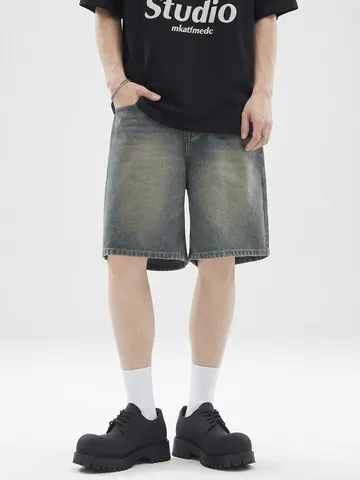 Men's American Retro Cleanfit Denim Shorts Vintage Blue Wash Straight Loose Five-Point Jean Shorts For Summer Casual Streetwear