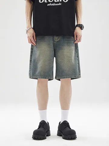 Men's American Retro Cleanfit Denim Shorts Vintage Blue Wash Straight Loose Five-Point Jean Shorts For Summer Casual Streetwear