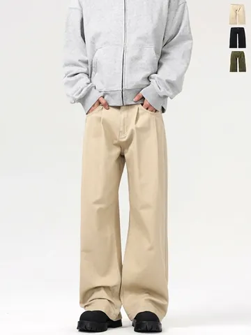 Men Japanese Retro Loose Straight Casual Pants Pure Cotton Breathable Mid Waist Zipper Fly Daily Versatile Trousers