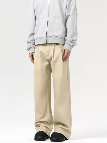 Men Japanese Retro Loose Straight Casual Pants Pure Cotton Breathable Mid Waist Zipper Fly Daily Versatile Trousers