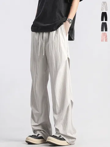 Men Women American Pleated Paratrooper Cargo Pants Summer Thin Quick Dry Straight Casual Long Pants Unisex Drawstring Bottoms