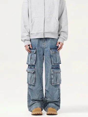 Herren American Retro Washed Multi Pocket Cargo Jeans Gerade Weites Bein Baumwolle Denim Hose Streetwear Hip Hop Lockerer Schnitt