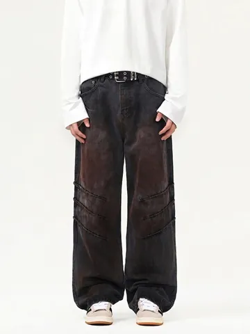 American High Street Wasteland Style Φθαρμένο Τζιν Πλύσιμο Λάσπης Χαλαρή Ίσια Γραμμή Ρετρό Τζιν Παντελόνι για Άνδρες