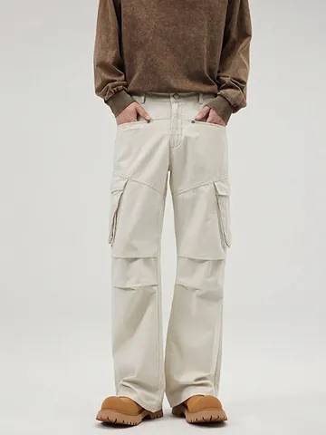 Pantaloni Cargo in Cotone da Uomo Gamba Dritta Tasche Multiple Streetwear Casual Pantaloni Bianco Albicocca per Moda