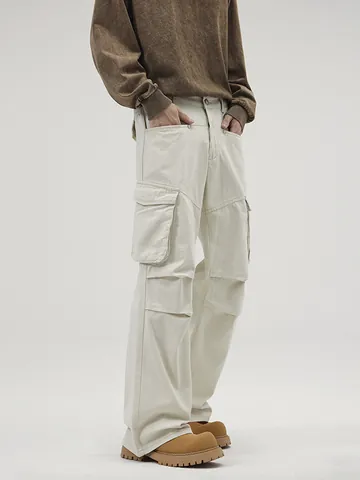 Pantaloni Cargo in Cotone da Uomo Gamba Dritta Tasche Multiple Streetwear Casual Pantaloni Bianco Albicocca per Moda
